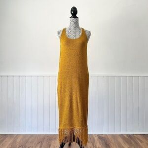 Zara Mustard Knit Boho Sleeveless Fringe Hem Tank Dress Size S